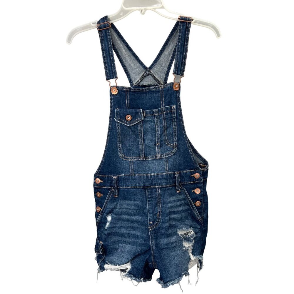 No Boundaries Shortalls Denim Shorts Overalls S 3-5 Junior Distressed Raw Hem